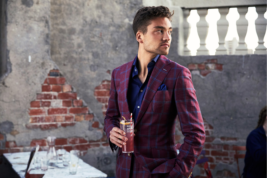 InStitchu Autumn/Winter 19 Collection Dark Pink Windowpane Custom, Tailored Suit, Navy Custom, Tailored Shirt, Grey Cotton Tie and Navy Pocket Square